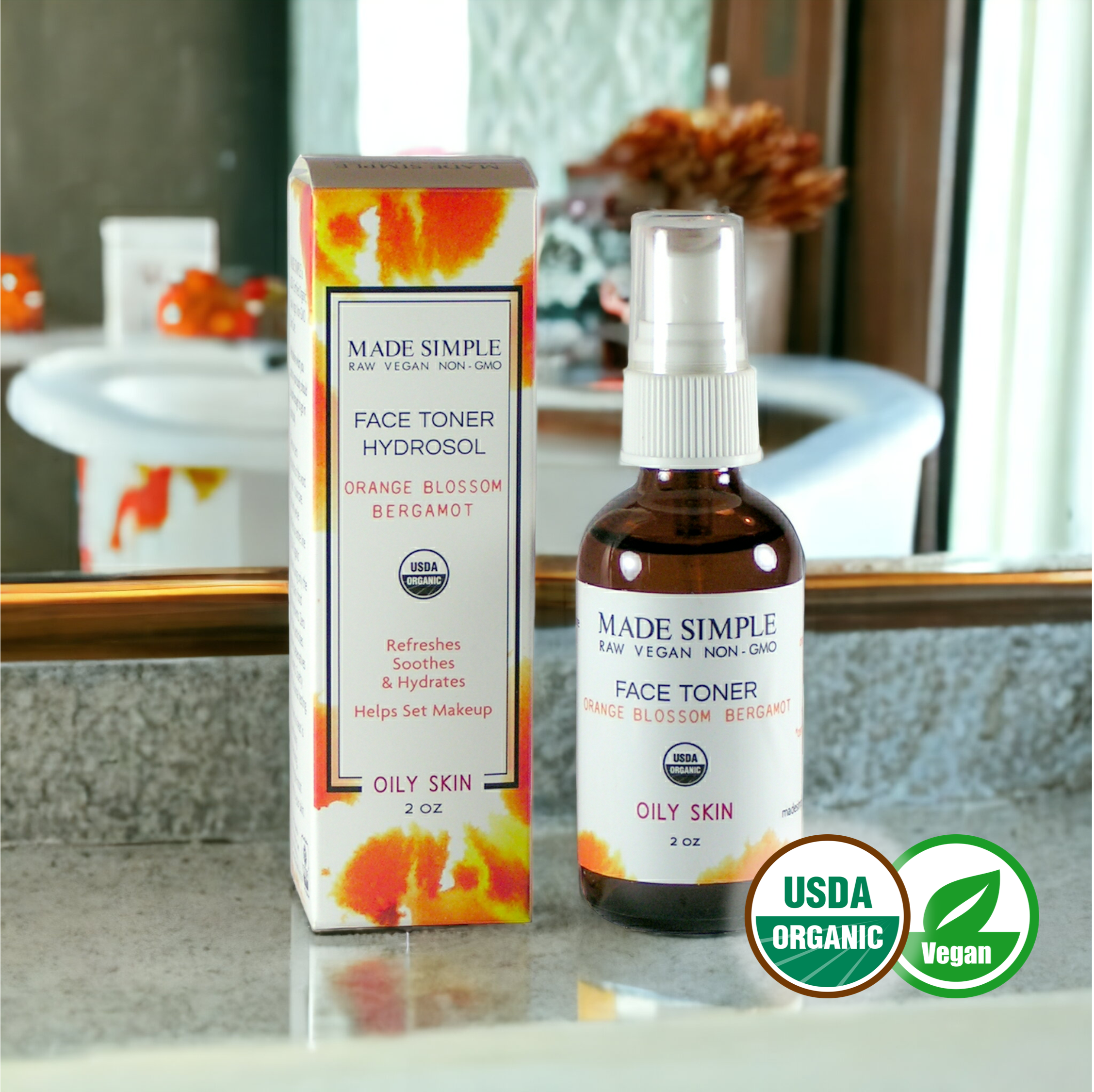 Orange Blossom Bergamot Face Toner for Oily Skin - Certified Organic, Vegan & Cruelty-free Made Simple Skin Care